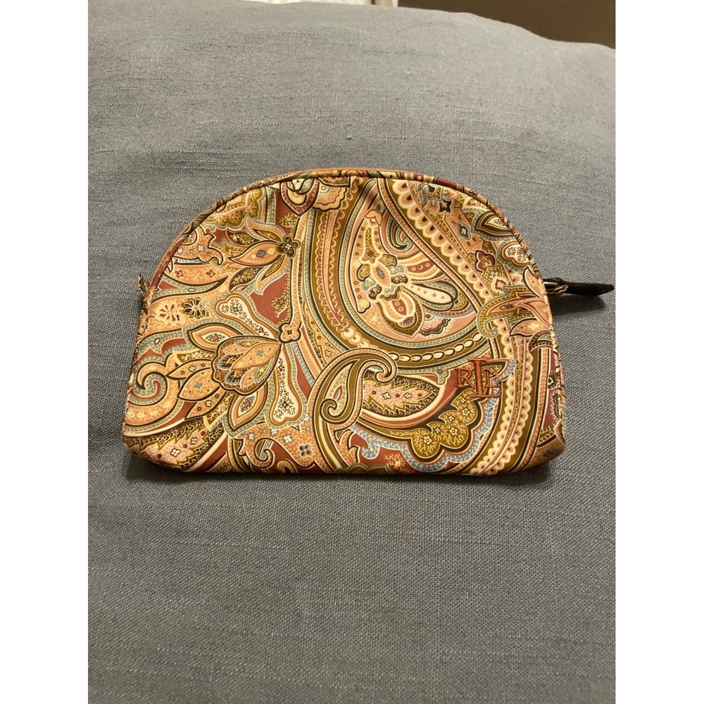 Lauren Ralph Lauren Paisley Cosmetic Bag Dome Makeup Pouch Tan Brown RL Logo